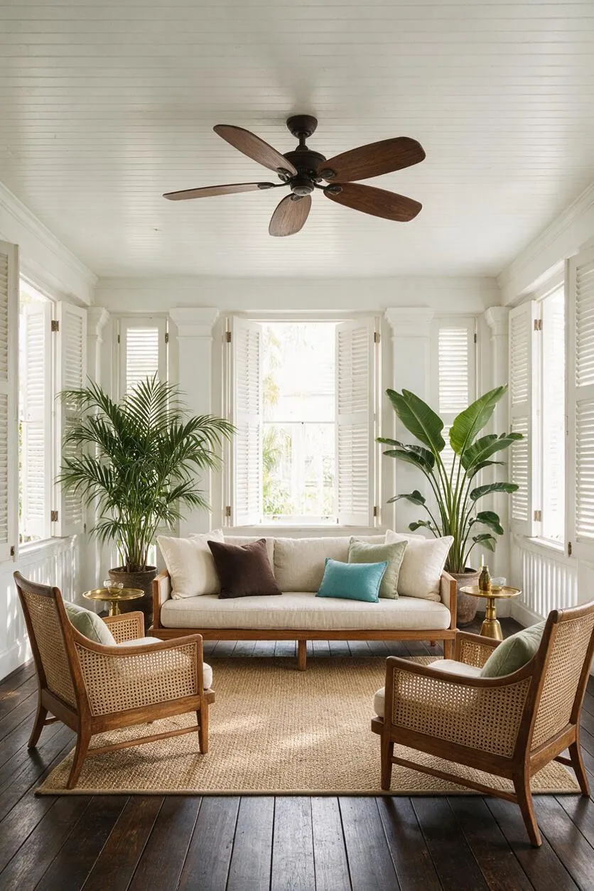 A bright tropical front porch with white paneled walls, shuttered windows, and a dark wood floor. The space features a cane sofa and two matching armchairs arranged around a natural jute rug, with potted palms, brass side tables, and a ceiling fan overhead.