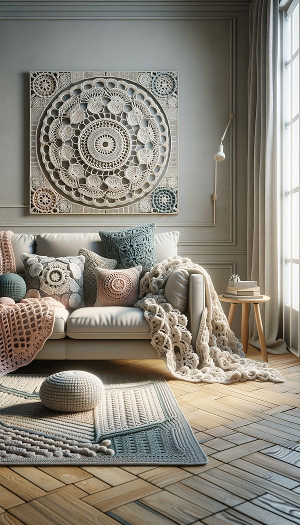 A cozy living room featuring a sofa adorned with crocheted throw blankets and cushions, capturing the warmth and personalized touch this craft brings to interior spaces.