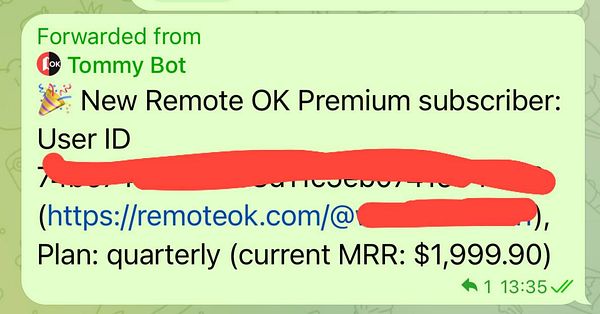 A message notification about a new subscriber to Remote OK Premium.