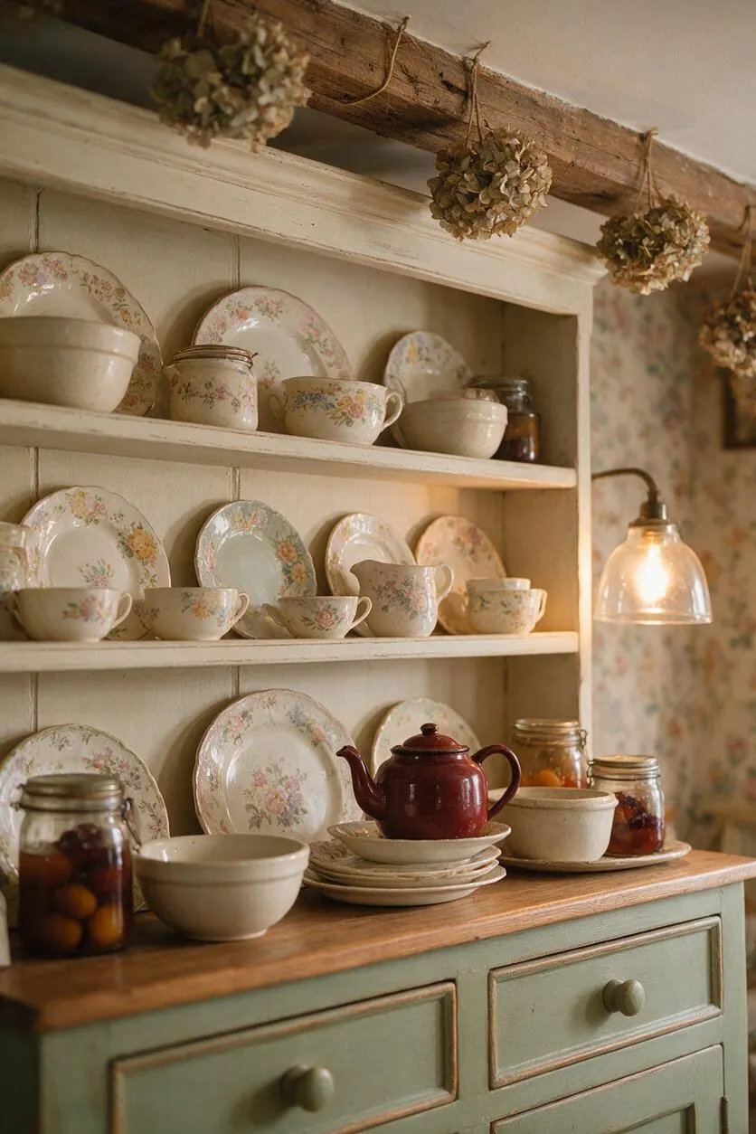 A cozy cottagecore kitchen vignette shows a painted hutch filled with floral china plates, cups, bowls, and a burgundy teapot. Dried flower bundles hang above, and a warm pendant light glows beside jars of preserved fruit on a wood-topped cabinet.
