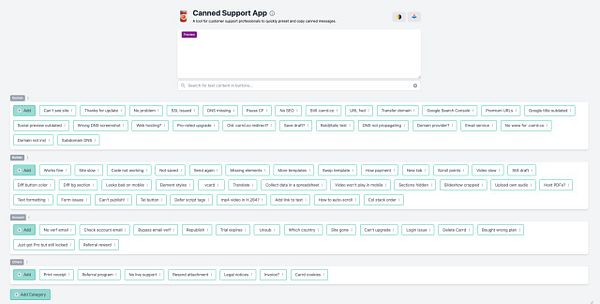 The image displays a user interface for the Canned Support App, featuring various preset messages organized by categories.