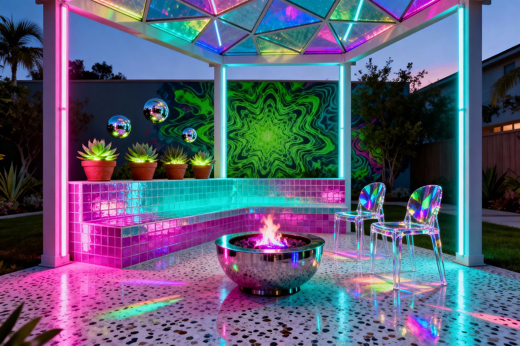 A covered patio features a faceted gazebo roof in iridescent glass with vertical LED light columns washing the space in pink, teal, and purple. An L-shaped bench clad in glossy mosaic tiles sits beside a stainless steel bowl fire pit, two transparent acrylic chairs, and a terrazzo floor; above the bench are terracotta pots with succulents and mirrored spheres, while a vivid green psychedelic wall mural anchors the backdrop at dusk.