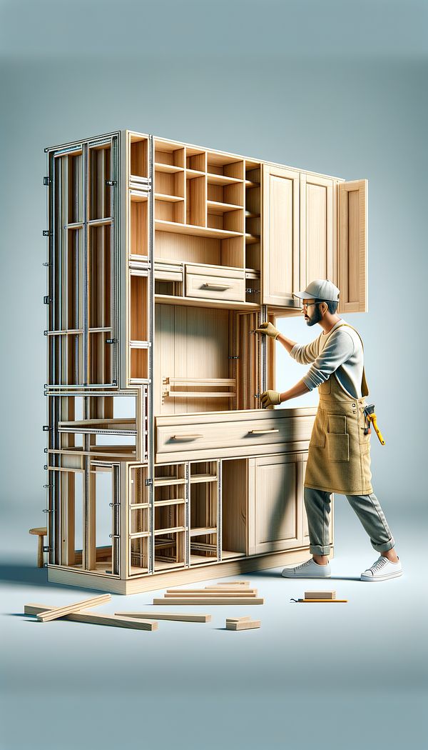 A carpenter assembling the wooden carcase of a custom kitchen cabinet, highlighting the structural framework without any doors, drawers, or finishings.