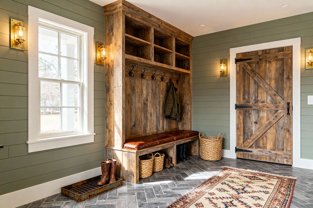 A rustic mudroom features sage green shiplap walls and a tall built-in locker crafted from reclaimed wood with open cubbies, black iron hooks, and a long cognac leather bench. Gray herringbone slate flooring, woven baskets, a rusted metal boot tray, and a cream rug with rust and navy motifs add texture, while a weathered barn-style door with black strap hinges and brass-and-glass sconces, plus a sunlit window with white trim, complete the warm, practical entry.