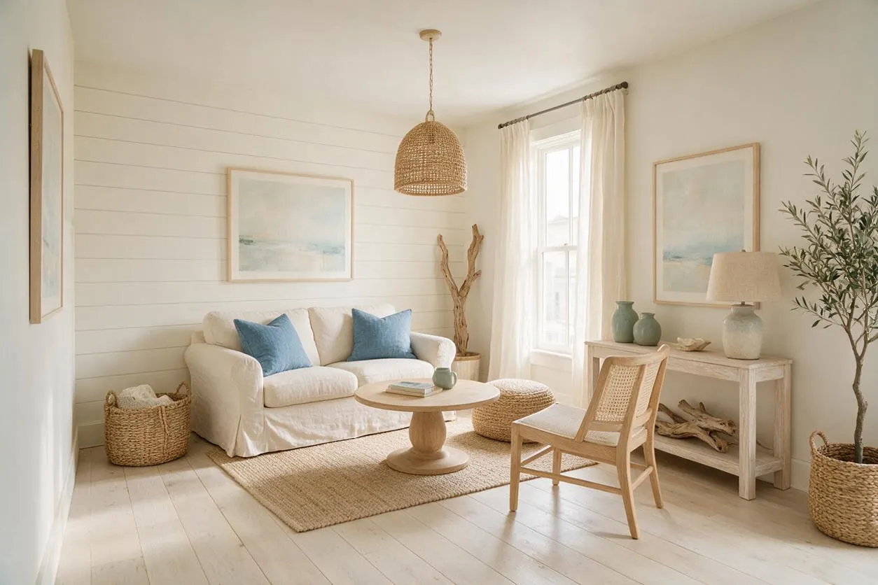 A bright studio apartment living area with a small cream sofa accented by blue pillows, a round wood coffee table, and a woven pendant light. The space features white shiplap walls, sheer curtains, pale wood floors, a cane-back chair, and natural fiber baskets and decor for a relaxed coastal feel.