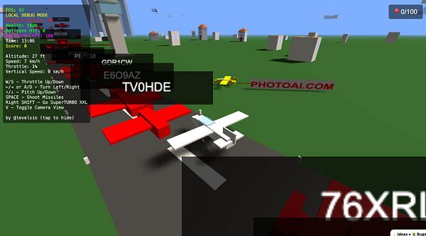 A virtual scene depicting a white plane flying in a blocky, game-like environment with promotional text for photoai.com.