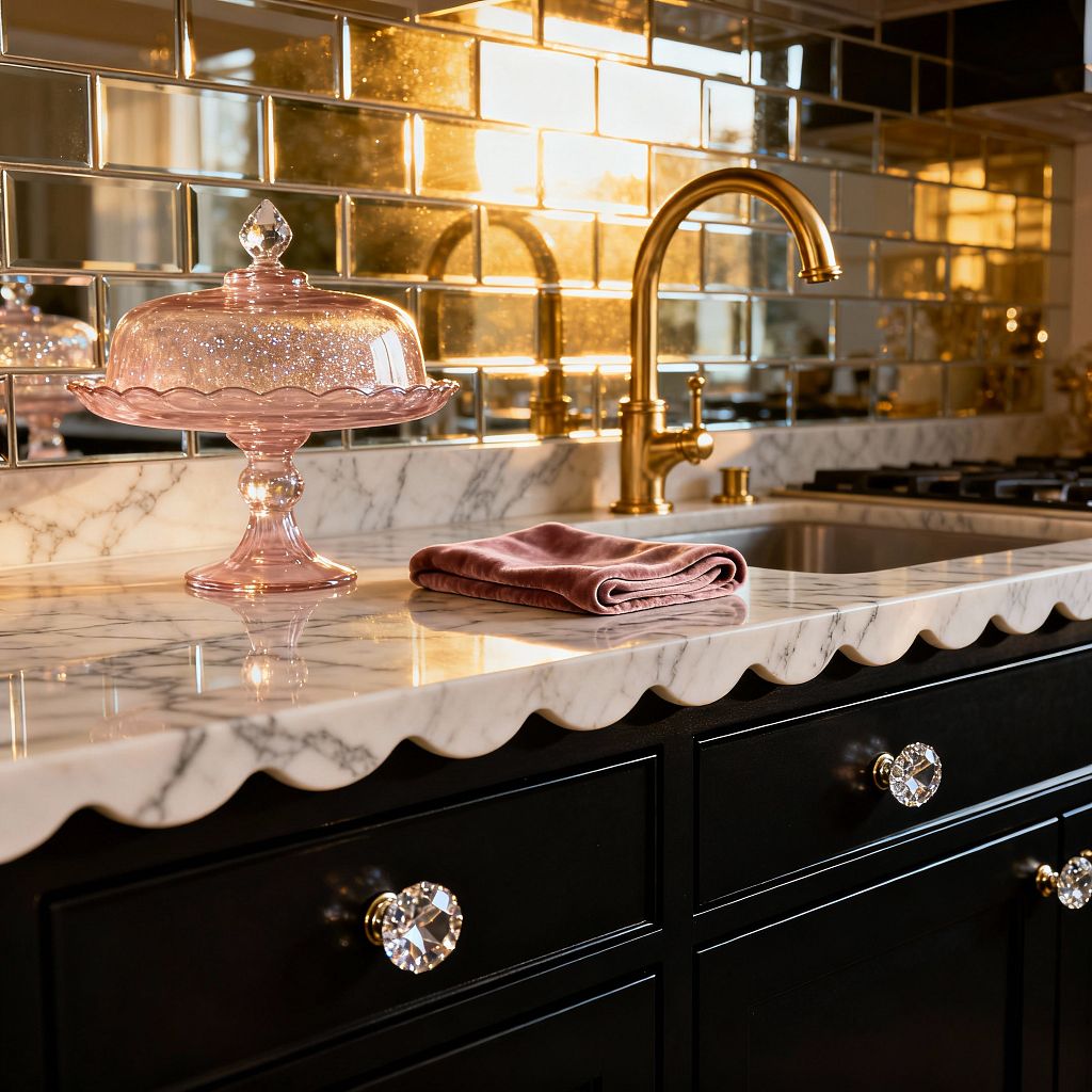 A close-up of a vintage glam kitchen shows a scalloped white marble countertop over black cabinets with faceted crystal knobs. An arched polished-brass faucet sits at a white undermount sink, set against antiqued mirror subway tiles that reflect golden light, while a pink pressed-glass cake stand with dome and a folded mauve velvet cloth rest on the counter with a gas cooktop at the edge.