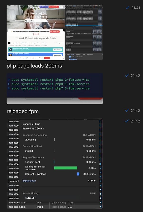 The image displays a technical analysis of a website's performance, focusing on PHP service restarts and response times.