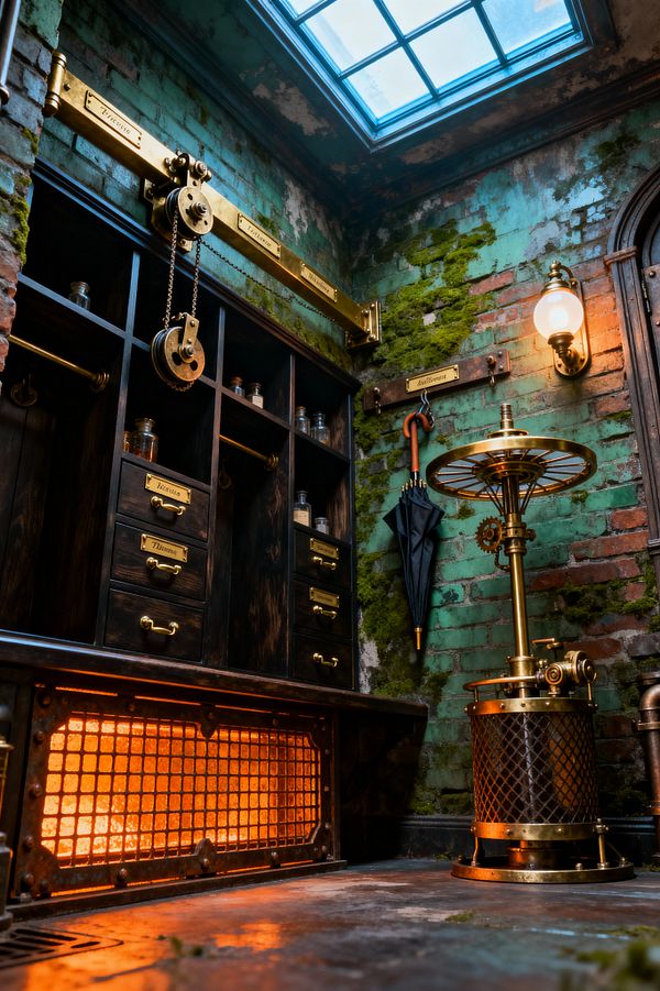 A compact steampunk mudroom with dark wood cubbies and brass-labeled drawers set against weathered brick painted turquoise with patches of moss. A gridded skylight and a vintage milk-glass sconce light brass pulleys, chains, hooks, and a hanging black umbrella, while a furnace-like metal grate glows orange near the floor. A gear-topped brass pedestal with a mesh cylinder stands beside exposed pipes, creating a mechanical, workshop atmosphere.