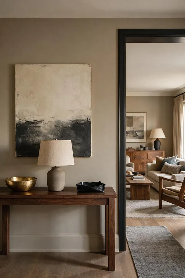 A transitional entryway with a dark wood console table against a taupe wall, topped with a ceramic table lamp, a brass bowl, and a black decorative dish. Above it hangs a large abstract painting in cream, beige, and black. A black-trimmed doorway opens to a cozy living room with neutral sofas, wood furniture, and soft drapery.