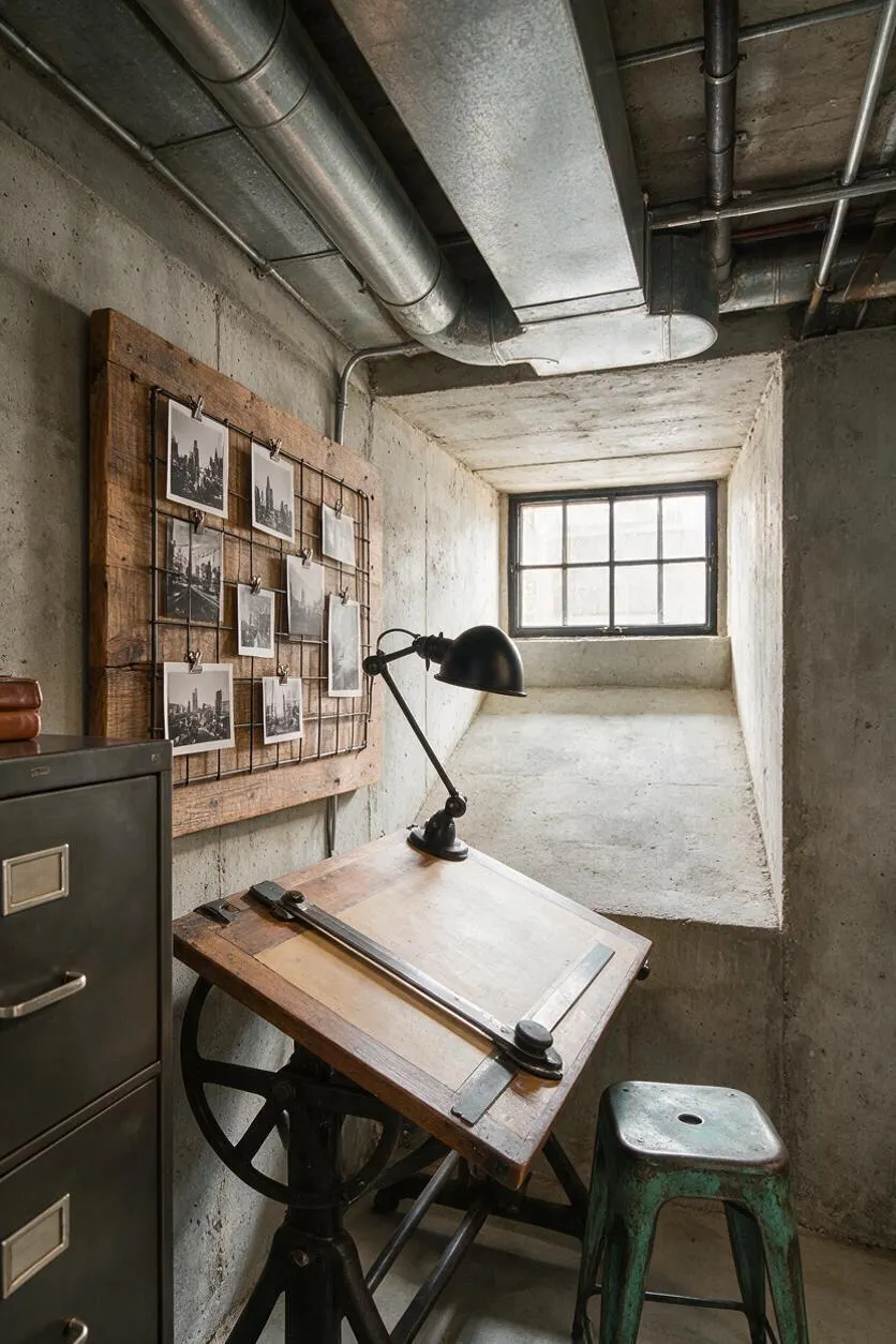 A compact industrial basement workspace with raw concrete walls and ceiling, exposed galvanized ductwork and piping, a slanted window well bringing in soft daylight, and a vintage drafting table with a black task lamp. A wire photo board, metal filing cabinet, and weathered stool complete the utilitarian look.