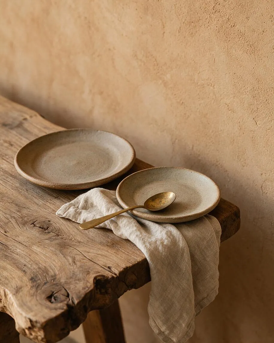 A rustic tabletop vignette features two shallow ceramic plates, a brass spoon, and a crumpled linen napkin resting on a weathered wooden table. The backdrop is a textured warm beige plaster wall, creating a calm, earthy Wabi-Sabi composition.