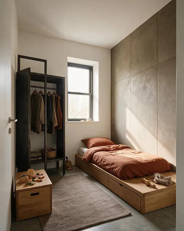 A small kids' room with a simple wooden platform bed, rust-colored bedding, and a tall black open wardrobe against a white wall. A narrow window brings in natural light, highlighting the large textured beige wall panels and a soft neutral rug on the floor.