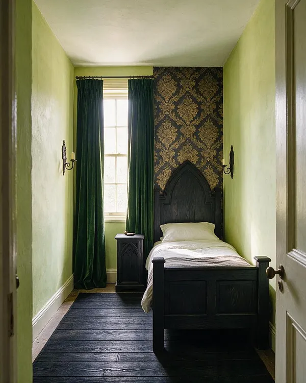 A narrow guest bedroom in Gothic style with pale green walls, a black arched wooden bed, and a damask accent wall behind the headboard. Deep green velvet curtains frame a bright window, while a black painted floor runner, matching side table, and wall sconces create a moody, historic atmosphere.