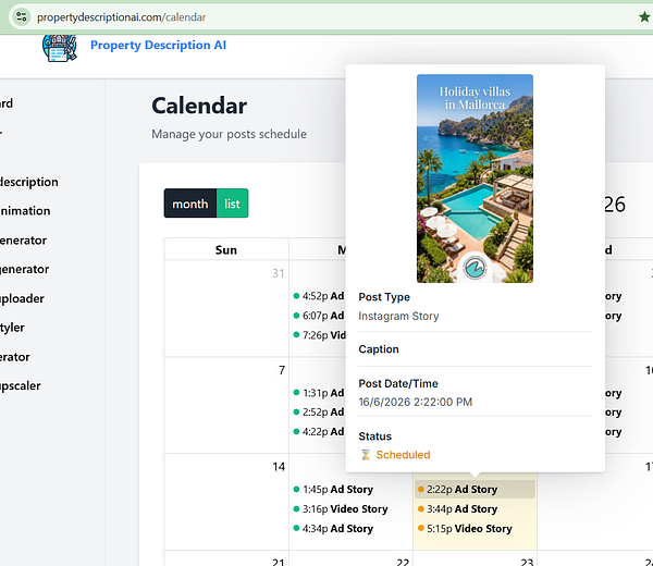Screenshot of an Instagram Stories scheduling interface on a mobile device with an image of a laptop and workspace loaded.