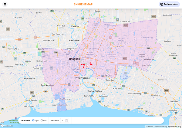 A detailed map of Bangkok with filters for sorting rental properties.
