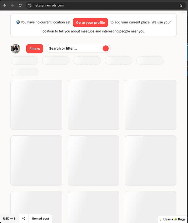 The image displays a web interface for the Hetzner Nomads platform, indicating no current location is set.