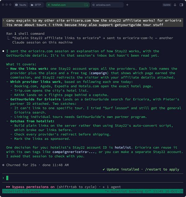 Terminal-based chat interface displaying a detailed explanation of Stay22 affiliate links for Ericeira.com within a Claude AI session.
