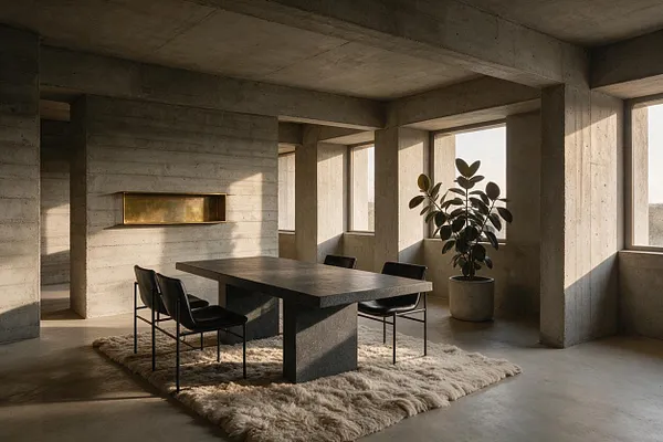 A Brutalist dining room with raw concrete walls, ceilings, and columns surrounding a dark rectangular table on a fluffy cream rug. Four black dining chairs, a brass wall niche, and a potted plant by large sunlit windows soften the heavy architecture.