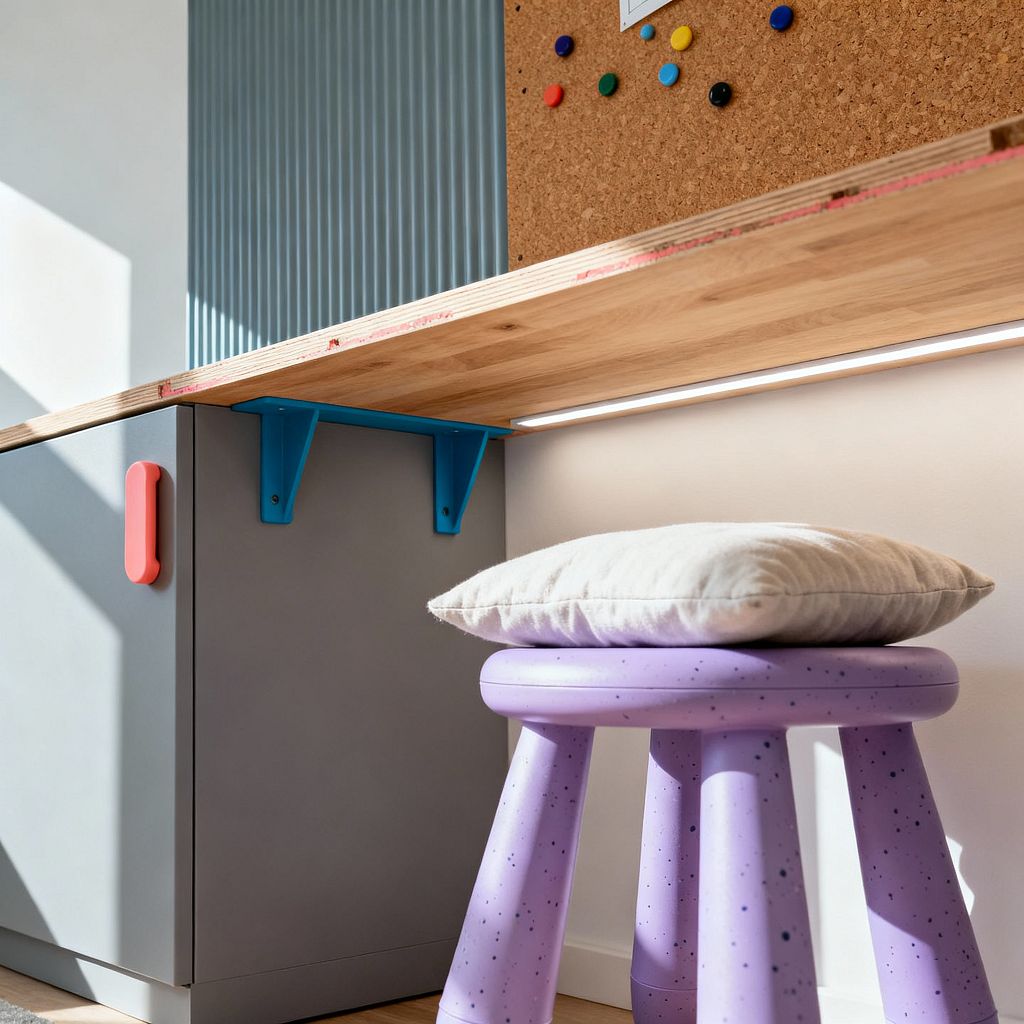 Close-up of a modern kids’ study nook with a plywood desktop showing an exposed layered edge, supported by bright blue metal brackets above matte gray cabinetry with a coral handle. A large corkboard with colorful pushpins and a ribbed teal panel line the wall. A slim LED strip sits under the desk. In front is a pastel lavender speckled three-legged stool topped with a light beige cushion, lit by sunlight over light wood flooring and a white wall.