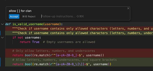 The image displays a code snippet for validating usernames in a programming environment.