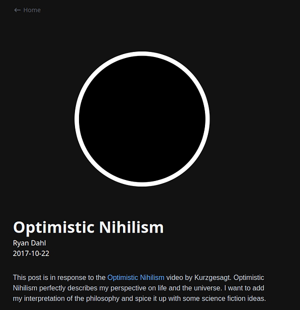 The image displays a blog post titled 'Optimistic Nihilism' by Ryan Dahl.