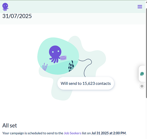 A digital interface displaying a scheduled newsletter campaign for job seekers.