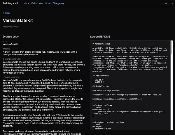 Screenshot of a development environment showing a commit titled 'Fixed Scout issues' with detailed file changes and commit metadata.