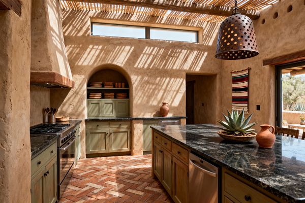 A sunlit Southwestern utility space with hand-troweled adobe walls and a slatted wood pergola casting striped shadows. Sage green shaker cabinets with dark stone countertops line the room and a large island sits on a herringbone terracotta brick floor. An arched niche holds open shelves of wooden bowls, while a perforated copper pendant, an agave plant centerpiece, and a woven desert-hued wall textile add character; stainless appliance fronts are also visible.