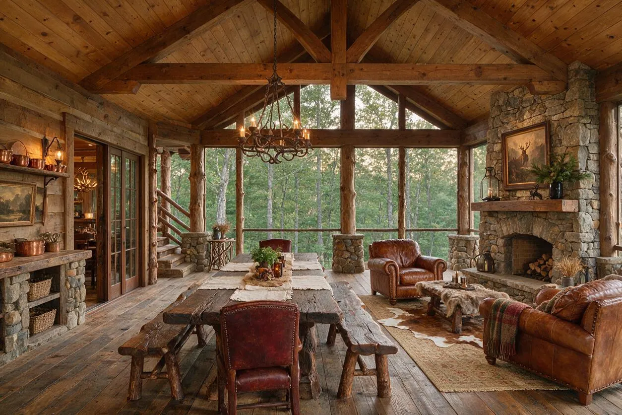 A spacious rustic front porch with a soaring wood ceiling, exposed beams, and large windows looking out to trees. The space includes a long reclaimed wood dining table with benches, leather chairs, a stone fireplace, and warm lodge-style lighting.