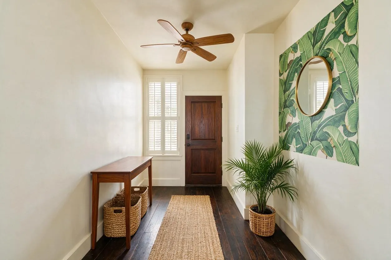 A narrow tropical-style entryway with dark wood floors, white walls, a wooden front door, and a ceiling fan with wood blades. A slim wood console table with woven baskets sits on the left, while a potted palm and a large leaf-patterned accent wall with a round mirror add greenery-inspired warmth on the right.