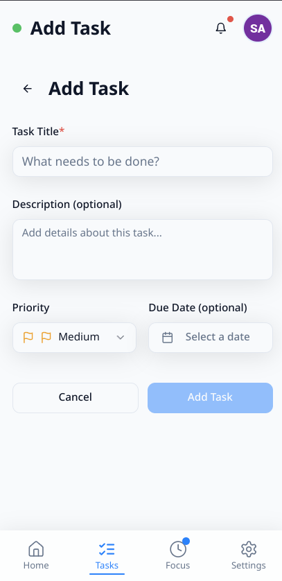 The image displays a user interface for adding a task in a web application.