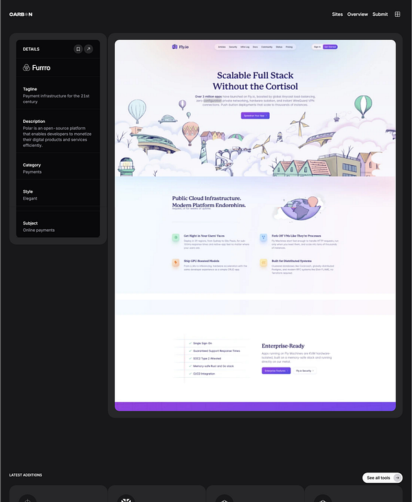 The image displays a web interface for a payment infrastructure platform called Fly.io, showcasing its features and services.