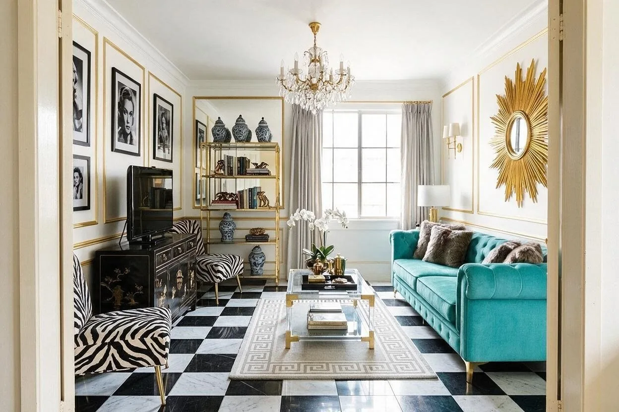 The same Hollywood Regency living room in the Turquoise Salon palette: white, turquoise, black, gold, and pale gray