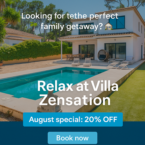 A modern villa with a swimming pool and outdoor seating area, promoting a family getaway.