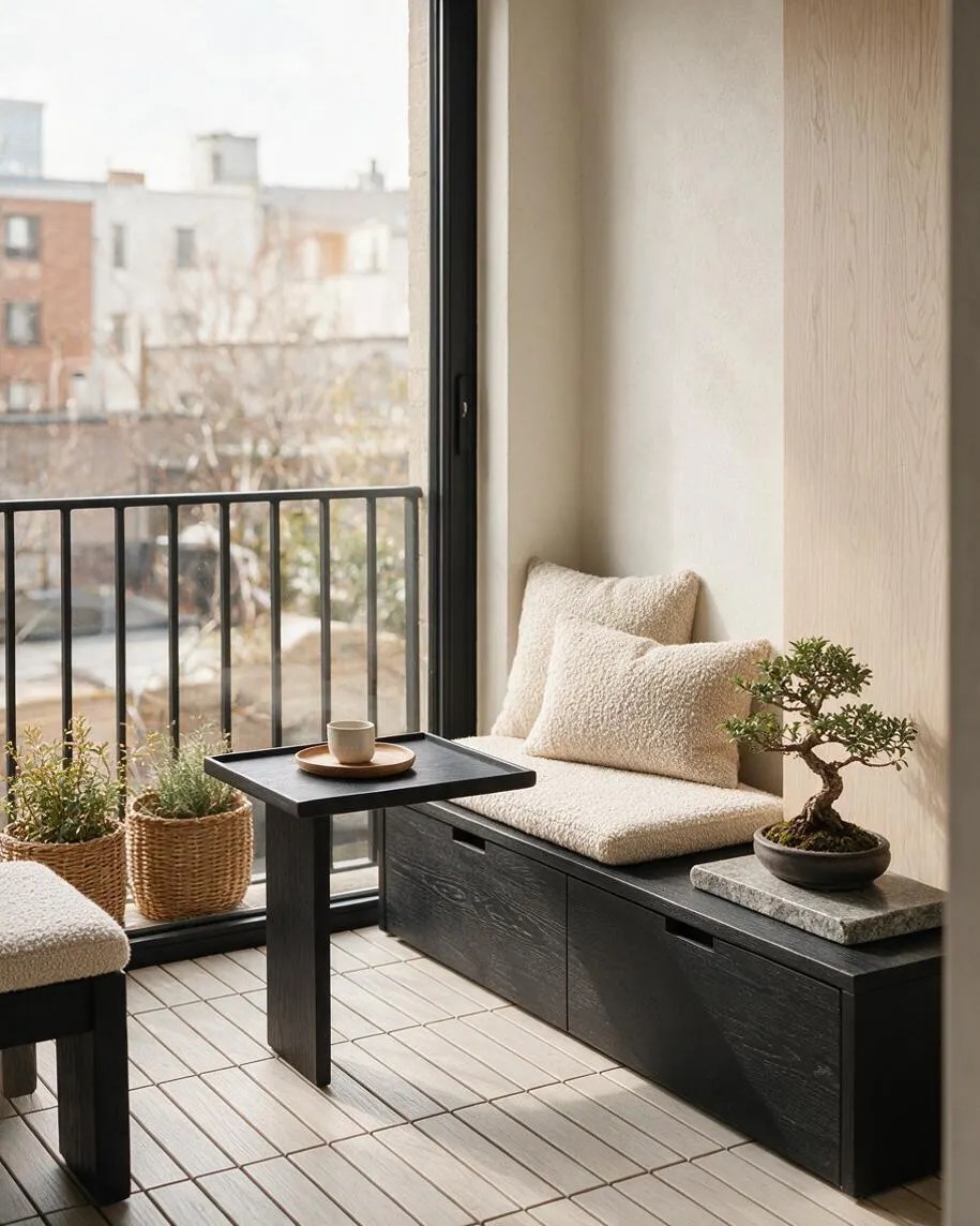 A bright patio styled in Japandi fashion with a black wooden bench, cream textured cushions, a small square table, woven plant baskets, and a bonsai on a stone tray. Large windows and a black railing overlook an urban view, while pale tiled flooring and light wood walls create a calm, minimalist atmosphere.