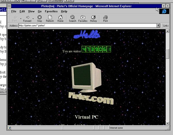 A vintage web page displayed in Microsoft Internet Explorer featuring a visitor counter and a space-themed background.