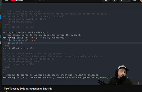 The image displays a coding tutorial interface focused on adding snippets in Neovim using Lua.