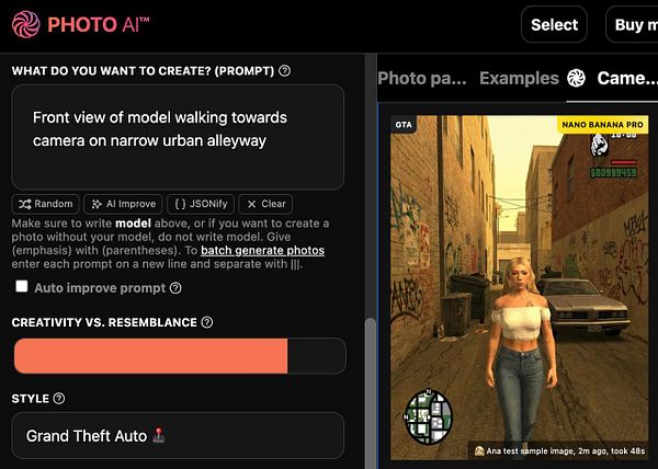 The image displays a user interface for a photo generation tool featuring a character in a narrow urban alleyway.