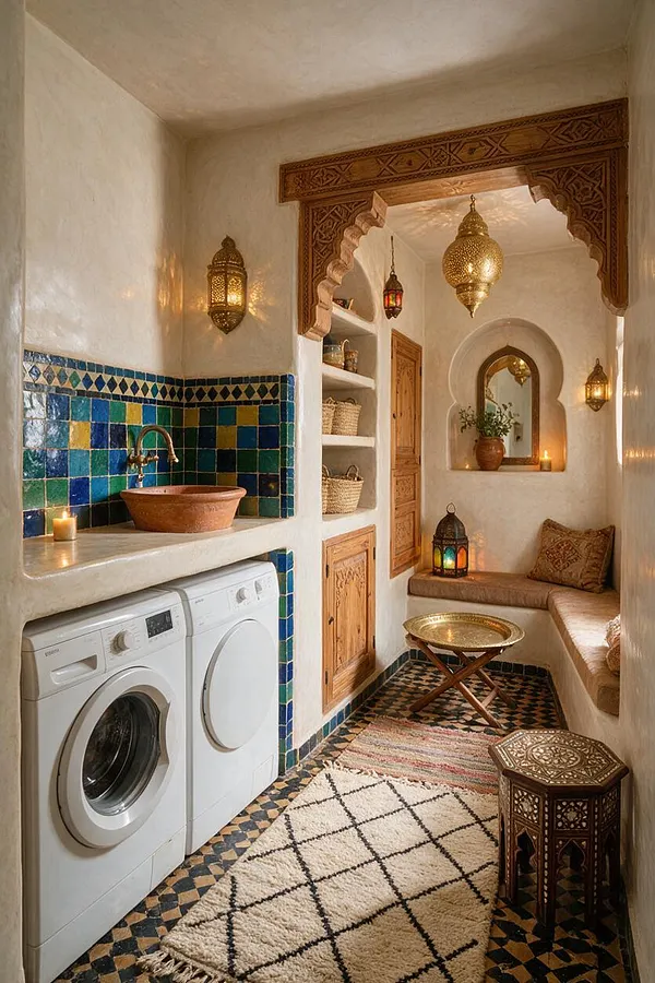 A narrow basement room styled in Moroccan design, featuring a washer and dryer beneath a tiled counter with a copper sink, carved wood trim, arched niches, lantern lighting, patterned floor tiles, and a cozy built-in bench. Warm cream walls, blue-green mosaic tile, and brass accents create an intimate atmosphere.