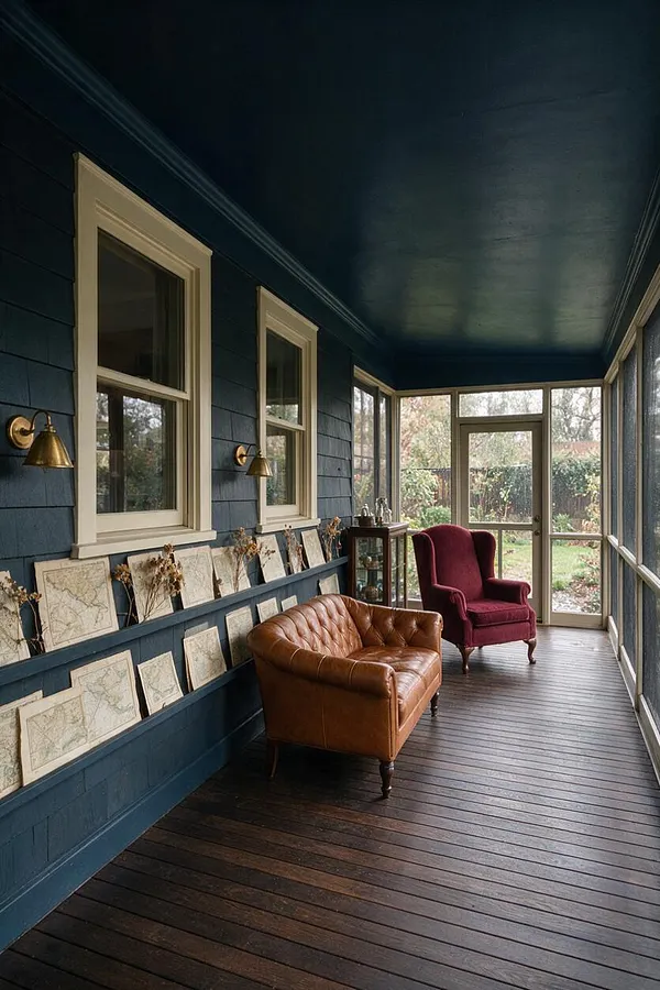 A narrow screened patio with deep blue walls and ceiling, cream-trimmed windows, and dark wood flooring. A tan leather settee and burgundy velvet armchair sit beside a long ledge displaying framed maps and dried botanicals, with glass doors opening to a garden.