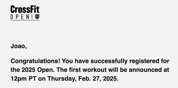 A registration confirmation for the 2025 CrossFit Open.