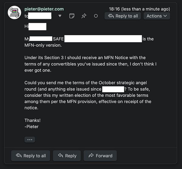 Screenshot of an email draft in Gmail showing a composition to send a notice about MFN provision related to a SAFE investment.