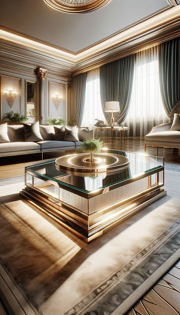 An elegant living room, featuring a coffee table with a beveled glass top, resting on a lush carpet, with sunlight reflecting off the beveled edges, creating a warm and inviting ambiance.
