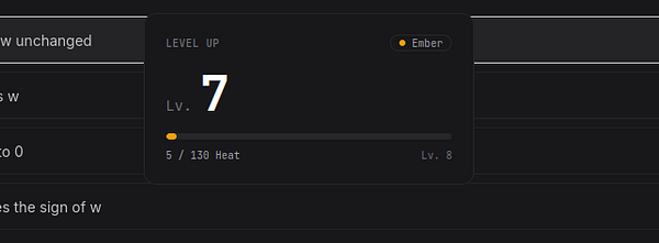 A level up progress display for 'Ember' showing current level 7 with heat progress towards level 8.