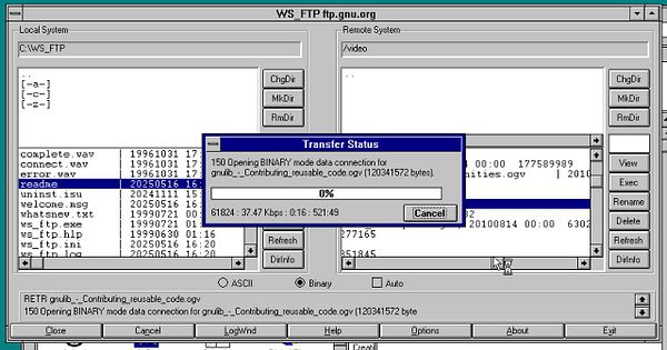 The image displays an FTP client interface showing file transfer activity between a local and remote system.