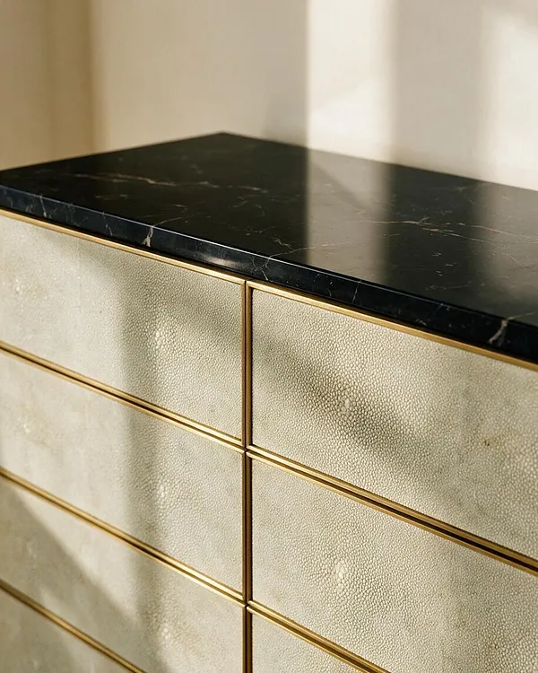 A close-up of an Art Deco-style dresser with a glossy black marble top and pale cream shagreen drawer fronts. Thin brass trim outlines each drawer, creating a structured geometric look against a soft neutral wall.