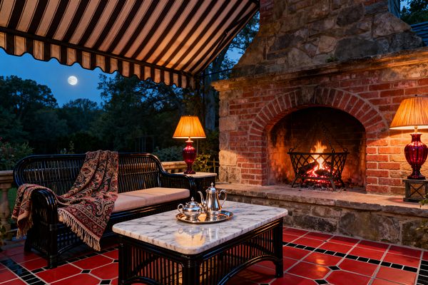 An evening patio features a large brick-and-stone fireplace with an arched opening and a wood fire burning in a wrought-iron basket. A black wicker settee with light cushions and a fringed damask throw faces a white marble-top coffee table holding a silver tea set. Ruby glass lamps with pleated shades glow on side tables, red tiles with black insets cover the floor, and a black-and-white striped awning shelters the space as the moon rises over trees.