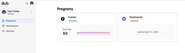 The image displays a user interface for a partner program on the Dub platform.