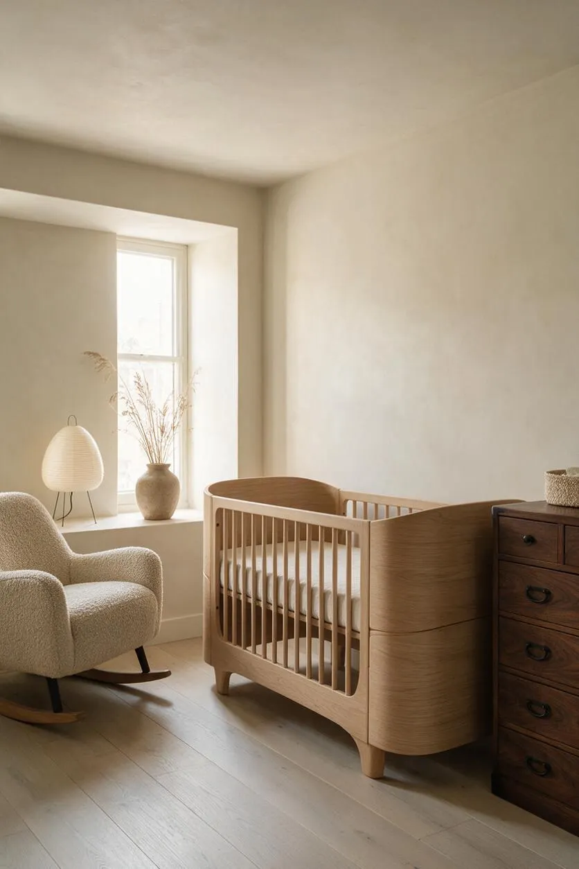 A serene nursery with a light wood crib, a boucle rocking chair, and a dark wood dresser arranged against softly painted cream walls. Natural light filters through a window nook with a vase of dried grasses and a small table lamp, creating a calm Japandi-inspired atmosphere.